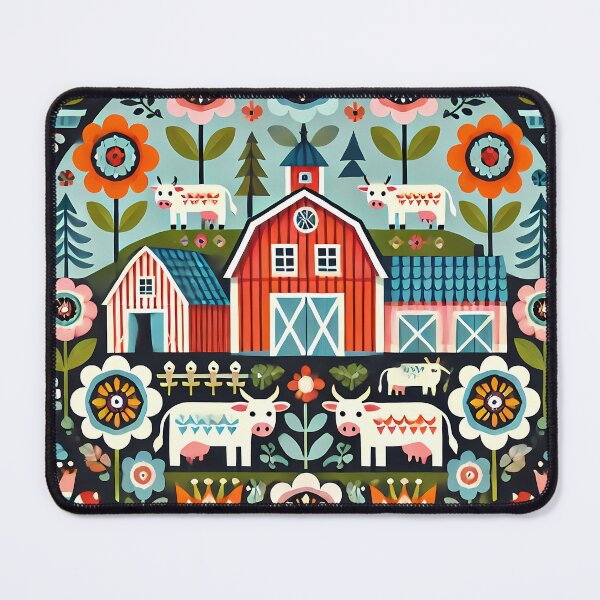 Vista previa del artículo con la obra «Escena de granja con granero rojo y vacas, arte popular escandinavo, de heidiannemorris ©», diseñado y vendido por FOLK ART FUSION by heidiannemorris.