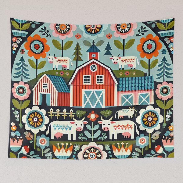 Item preview, Scandinavian Folk Art Red Barn and Cows Farm Scene by heidiannemorris © designed and sold by FOLK ART FUSION by heidiannemorris.
