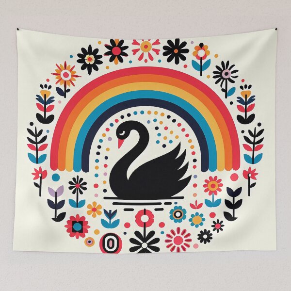 Item preview, Scandinavian Folk Art Graceful Black Swan and Rainbow by heidiannemorris © designed and sold by FOLK ART FUSION by heidiannemorris.