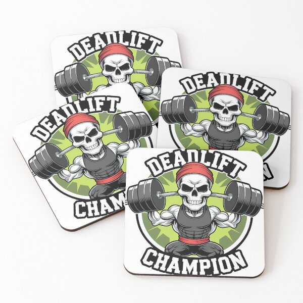 Item preview, Skull character lifting dumbbells with muscle arms and a sweatband, 'Deadlift Champion' gym pun sticker designed and sold by EnigmaVoid.