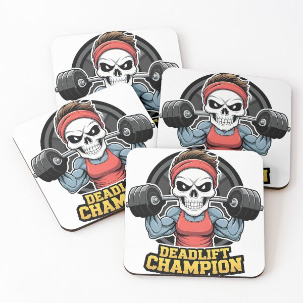 Item preview, Skull character lifting dumbbells with muscle arms and a sweatband, 'Deadlift Champion' gym pun sticker designed and sold by EnigmaVoid.