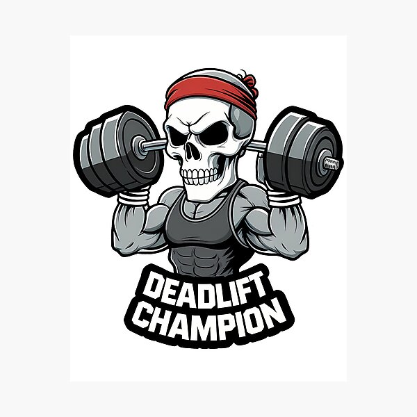 Item preview, Skull character lifting dumbbells with muscle arms and a sweatband, 'Deadlift Champion' gym pun sticker designed and sold by EnigmaVoid.
