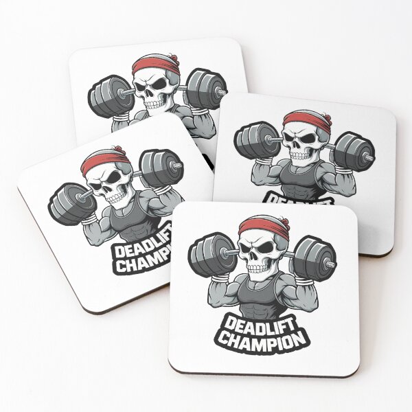 Item preview, Skull character lifting dumbbells with muscle arms and a sweatband, 'Deadlift Champion' gym pun sticker designed and sold by EnigmaVoid.