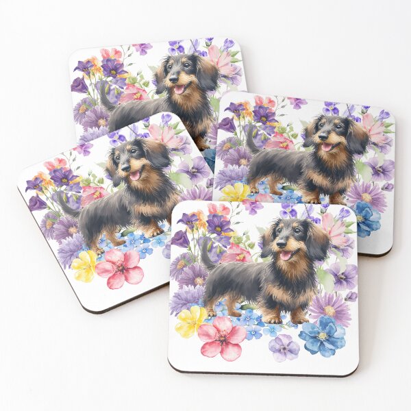 Item preview, Watercolor floral Wire-haired Dachshund designed and sold by HappyDogPark.
