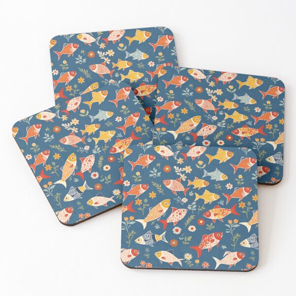 Item preview, Floral Fish Surrounded By Flowers On Blue Background designed and sold by CarrollGene.