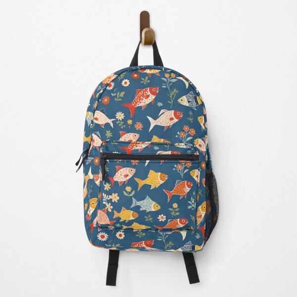 Item preview, Floral Fish Surrounded By Flowers On Blue Background designed and sold by CarrollGene.