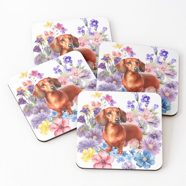 Item preview, Watercolor floral Red Dachshund designed and sold by HappyDogPark.