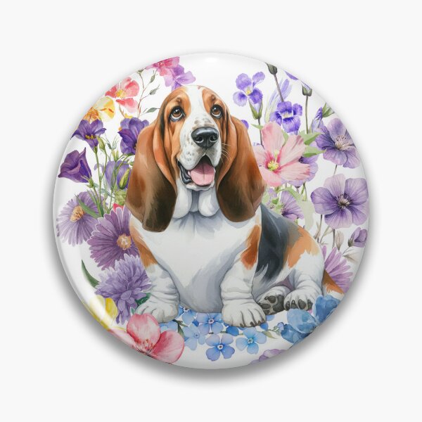 Item preview, Watercolor floral Basset Hound designed and sold by HappyDogPark.