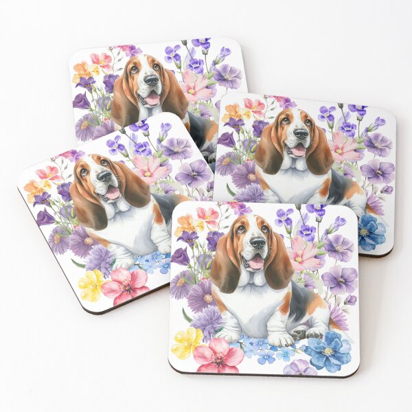 Item preview, Watercolor floral Basset Hound designed and sold by HappyDogPark.