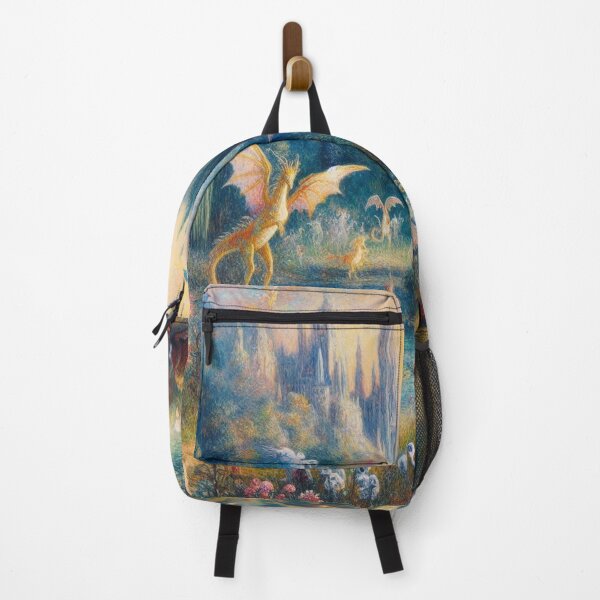 Artikelvorschau, Mystische Landschaft mit Fantasiewesen – Dreamlike scenery with dragons, fairies & a castle in Monet’s style entworfen und verkauft von FotoworldEdel.