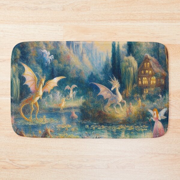 Item preview, Mystical landscape with fantasy creatures – Dreamlike scenery with dragons, fairies & a castle in Monet’s style designed and sold by FotoworldEdel.