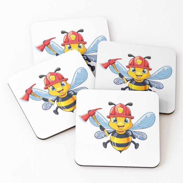 Artikelvorschau, Europäische Honigbiene (Apis mellifera), Feuerwehrbiene und eine Axt, süße fliegende Honigbiene mit Feuerwehrhelm, Illustrationsfigur Käfer-Bienen-Cartoon, mit einem Feuerwehrhelm und einer Axt in der Hand entworfen und verkauft von Danler.