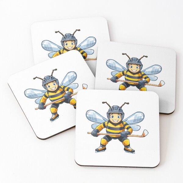 Item preview, European honey bee (Apis mellifera), cartoon cute happy bee hockey player playing sport, bee Ice hockey player skating and shooting the puck designed and sold by Danler.