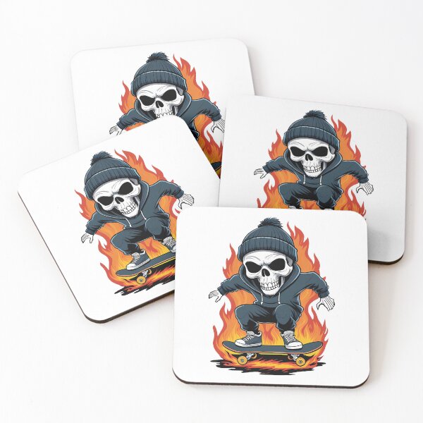 Item preview, Skater skull in beanie hat and hoodie, riding a skateboard with fire trails designed and sold by EnigmaVoid.