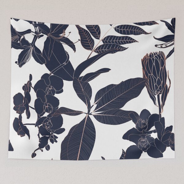 Item preview, Luxury gold and dark blue background. Floral pattern, many kind of Golden plant with, line arts, Blue illustration. designed and sold by MatyKotiv.