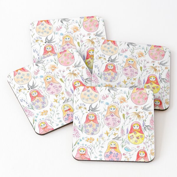 Item preview, hand painted Russian dolls and flower folk painting white background designed and sold by ColorandColor.