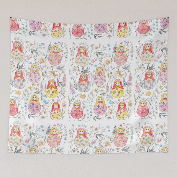 Item preview, hand painted Russian dolls and flower folk painting white background designed and sold by ColorandColor.