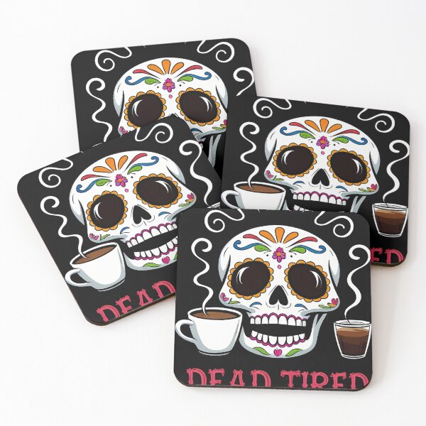 Item preview, Day of the Dead sugar skull sipping coffee, eyelids droopy with steam swirls above, 'Dead Tired' sticker design designed and sold by EnigmaVoid.