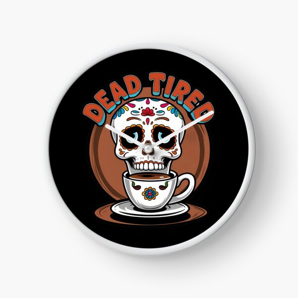 Item preview, Day of the Dead sugar skull sipping coffee, eyelids droopy with steam swirls above, 'Dead Tired' sticker design designed and sold by EnigmaVoid.