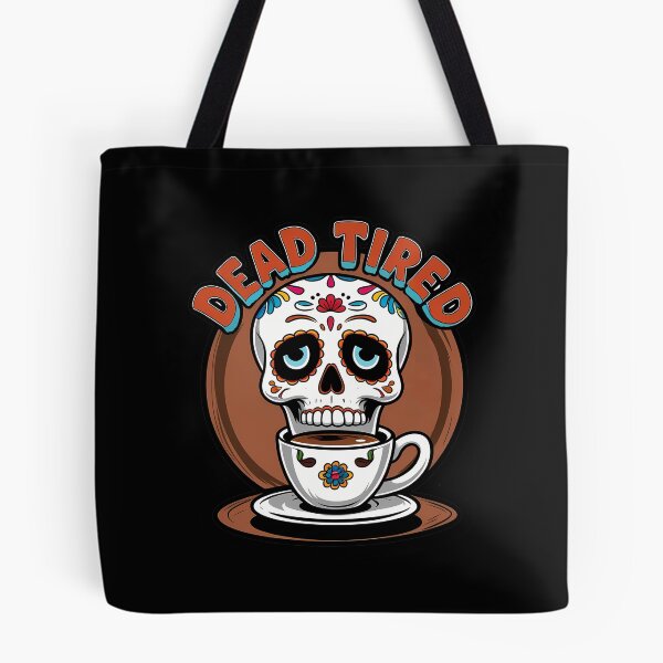 Item preview, Day of the Dead sugar skull sipping coffee, eyelids droopy with steam swirls above, 'Dead Tired' sticker design designed and sold by EnigmaVoid.