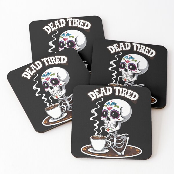 Item preview, Day of the Dead sugar skull sipping coffee, eyelids droopy with steam swirls above, 'Dead Tired' sticker design designed and sold by EnigmaVoid.