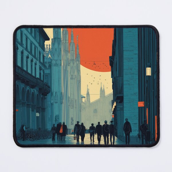 Item preview, Futuristic City of Milan Street Scene with Red Sun and Gothic Architecture designed and sold by Retrocranio.