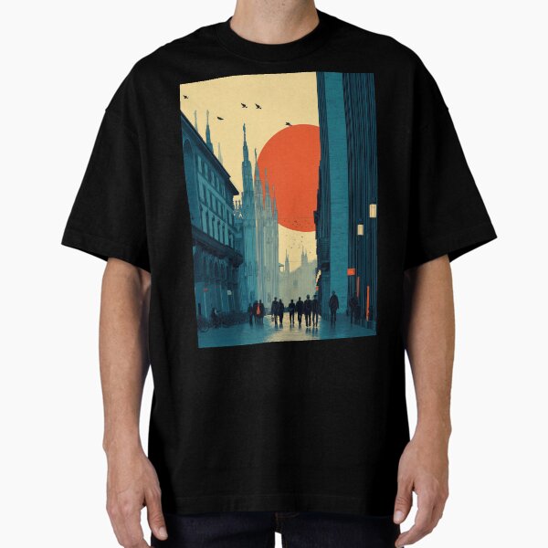 Item preview, Futuristic City of Milan Street Scene with Red Sun and Gothic Architecture designed and sold by Retrocranio.