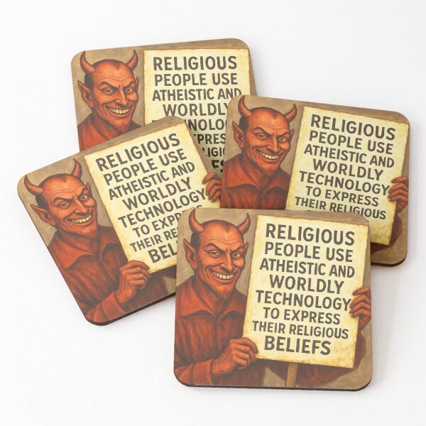 Item preview, Satirical Devil Painting – 'Religious People Use Atheistic Technology' Retro Poster Art designed and sold by marvinismyname.