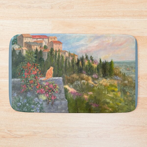 Item preview, Cat's Eye View, Tuscany Oil Painting. Orange cat on a high stone wall. designed and sold by KarenZuk.