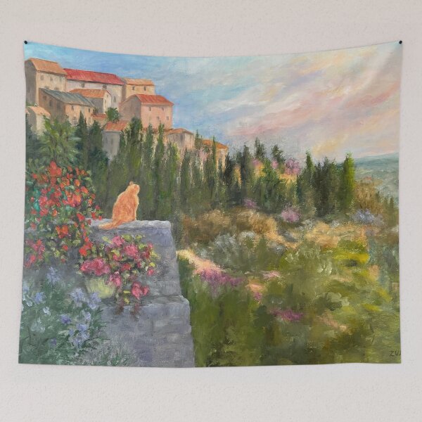 Item preview, Cat's Eye View, Tuscany Oil Painting. Orange cat on a high stone wall. designed and sold by KarenZuk.