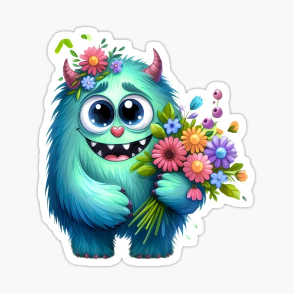 Petit monstre poilu et son bouquet de fleurs Sticker