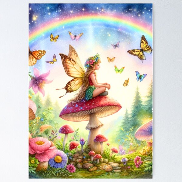 Petite fée sur un champignon Poster