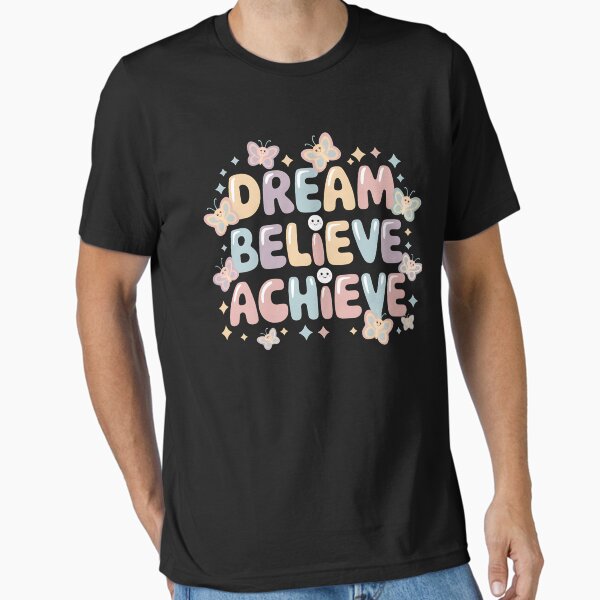 Artikel-Vorschau von Süßes pastellfarbenes „Dream Believe Achieve“-T-Shirt-Design mit Schmetterlingen und Sternen, Kawaii-Ästhetik, designt und verkauft von Cre8tivePrint.