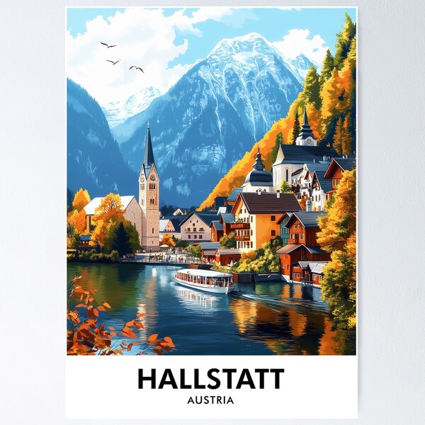 Item preview, Hallstatt Austria Retro Travel Print designed and sold by HomeLivingCo.