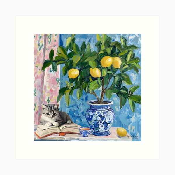 Item preview, Grandmillennial art, A reading nook, whimsical cat art designed and sold by SophieClimaArt.