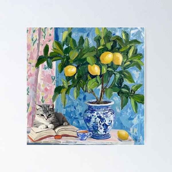 Item preview, Grandmillennial art, A reading nook, whimsical cat art designed and sold by SophieClimaArt.