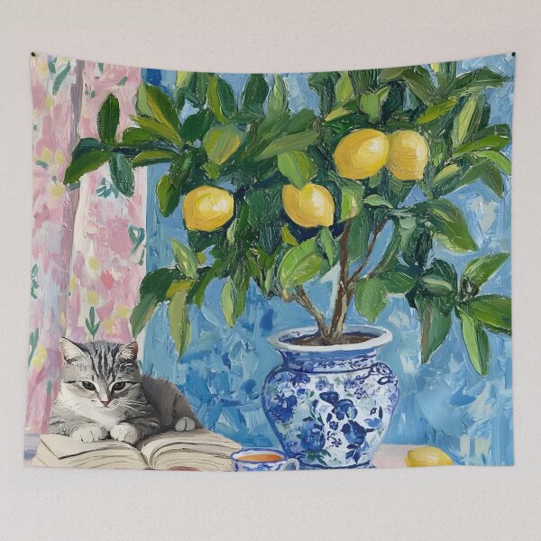 Item preview, Grandmillennial art, A reading nook, whimsical cat art designed and sold by SophieClimaArt.