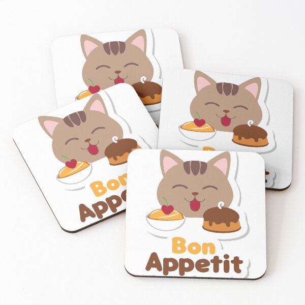 Item preview, Cartoon Brown Cat with Desserts and Bon Appetit Text on Black designed and sold by Creative88Art.