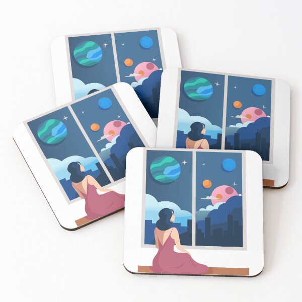 Item preview, Woman in Pink Dress by Window Overlooking Futuristic City and Planets designed and sold by Creative88Art.