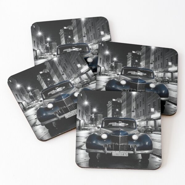 Item preview, black & white pictures, blue  vintage old automobile at night in the city designed and sold by PrintYourStyle.