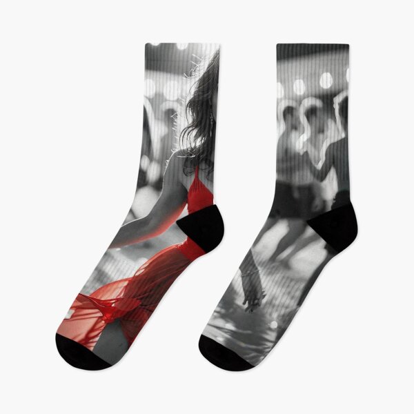 Item preview, black & white pictures, party on the beach, on the dancefloor dancing sexy lady in red dress designed and sold by PrintYourStyle.
