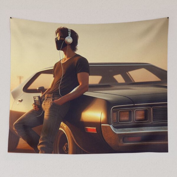 Item preview, Retro 80s Vibes: Youth with Muscle Car & Cassette Player – Nostalgic AI Art for Streetwear & Urban Style Fans designed and sold by knalpot-design.