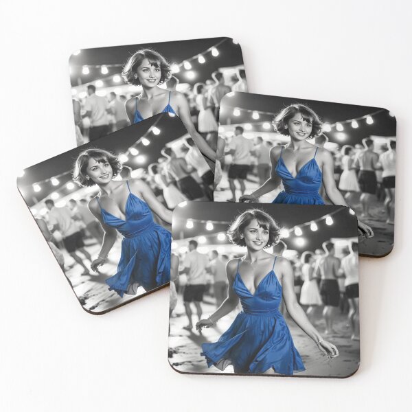 Item preview, black & white pictures, vintage old party on the beach, on the dancefloor dancing sexy lady in short hair in blue short dress designed and sold by PrintYourStyle.