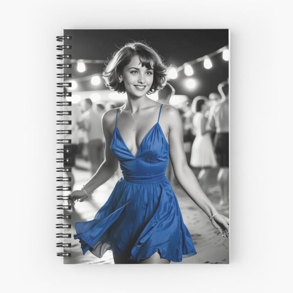 Item preview, black & white pictures, vintage old party on the beach, on the dancefloor dancing sexy lady in short hair in blue short dress designed and sold by PrintYourStyle.