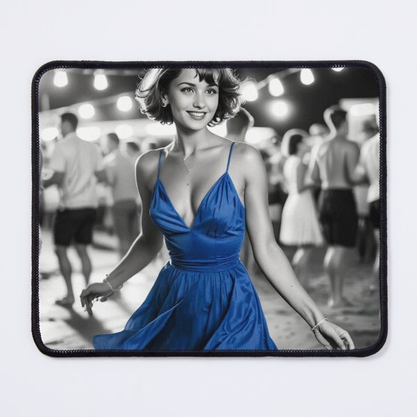 Item preview, black & white pictures, vintage old party on the beach, on the dancefloor dancing sexy lady in short hair in blue short dress designed and sold by PrintYourStyle.