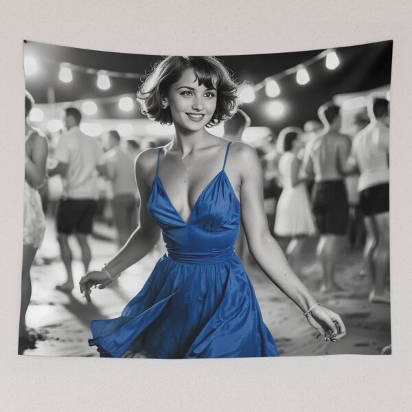 Item preview, black & white pictures, vintage old party on the beach, on the dancefloor dancing sexy lady in short hair in blue short dress designed and sold by PrintYourStyle.