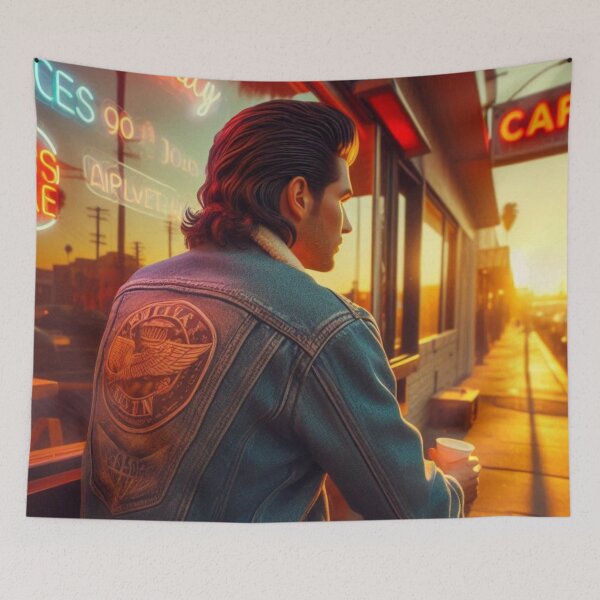 Item preview, Chill 80s Vibes: Realistic AI Photo of Retro Youth in Denim at an Imbiss Café – Vintage City Street Style designed and sold by knalpot-design.
