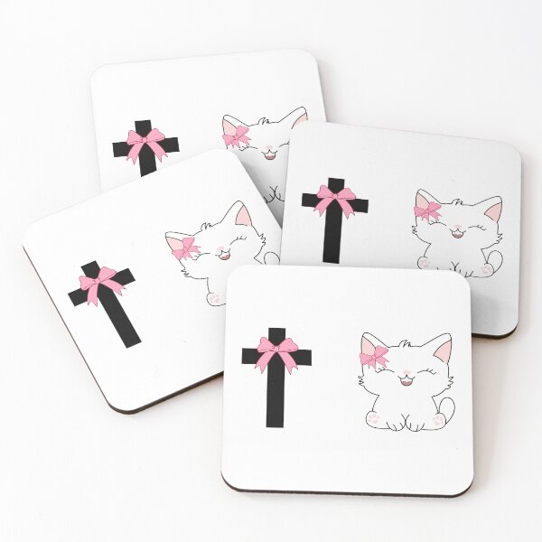Item preview, White Kawaii Cat and Crosses with Pink Coquette Bows designed and sold by Gabbie Richardson.
