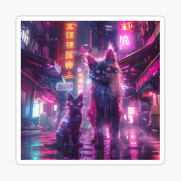 Item preview, Neon Cyber Pets – Glowing Cat and Dog in Futuristic Scene designed and sold by JohnFore66.