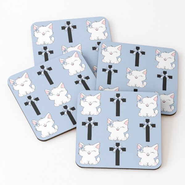Item preview, White Kawaii Cats and Crosses with Blue Chinoiserie Coquette Bows designed and sold by Gabbie Richardson.